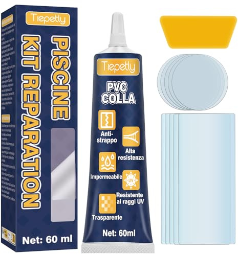 Kit Riparazione Materassino Gonfiabile con Colla PVC Alta Resistenza Impermeabile e Flessibile, Toppe Trasparenti Anti Perdite per Piscina, Gommoni, Kayak, Spa, Uso Interno Esterno, Riparazioni Rapide