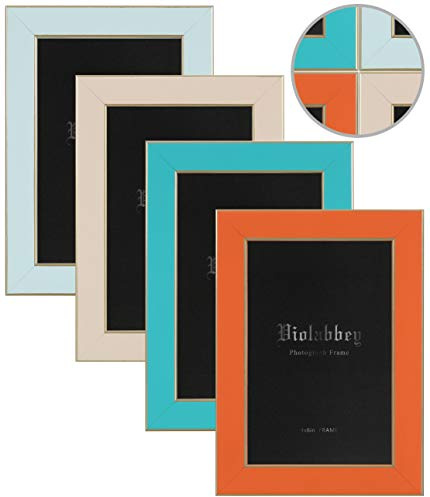 VIOLABBEY 4x6 Picture Frames Set of 4, Colorful Photo Frame of Modern Style, High Definition Tempered Real Glass, Wall Mounted or Tabletop Display (Blue+Light Blue+Orange+Apricot)