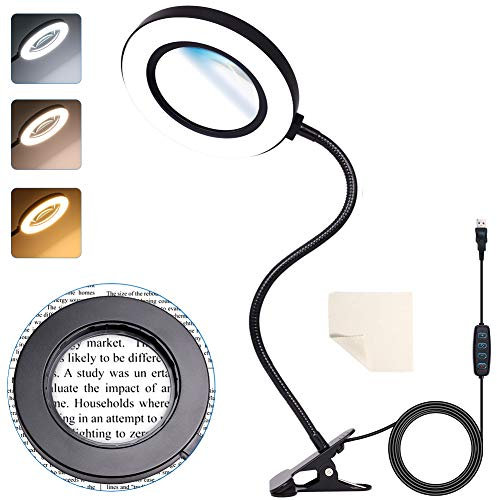 Loupe de Bureau grossissante x 6-72 LED - 3 Couleurs réglables - avec Pince en Verre véritable - Alimentée par USB - pour Le Travail, la Lecture, Les Loisirs, la Couture, Les travaux manuels