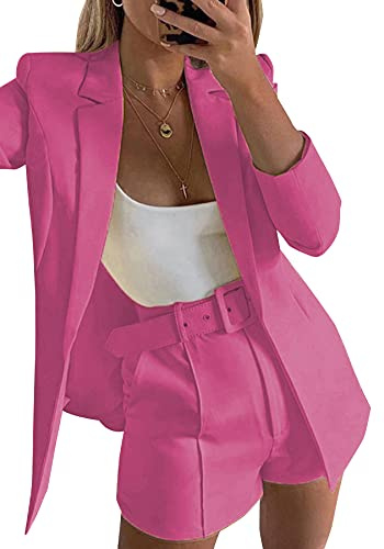 Womens Solid 2 Piece Blazer Short Suits Elegant Office Outfits Long Sleeve Blazer and Shorts Sets with Belt Rose