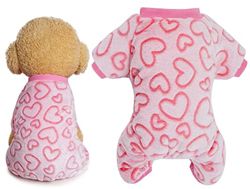 Dxhycc Fleece Dog Pajamas Cute Dog Heart Puppy Jumpsuit Warm Soft Pet Holiday Clothes for Small Medium Cats and Dogs (Pink, S)