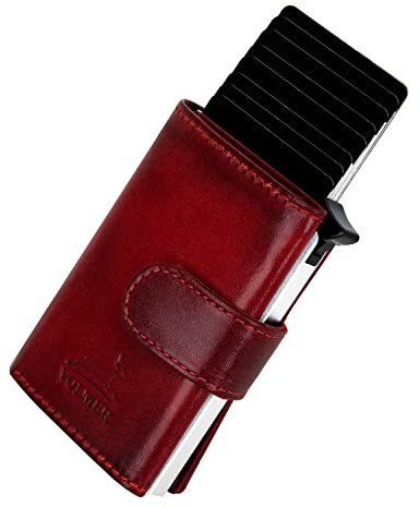 Fa.Volmer ® POP-UP Kartenetui mit Münzfach aus Echtleder für Herren & Damen | max. 11 Karten | RFID Schutz | Geldbörse VO31 Bordeaux Red (Rot)