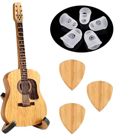 Wooden Guitar Pick Holder with Stand, Guitar Pick Box, 3PCS Unique Guitar Picks, Musician Engraved Wooden Plectrum Case,Guitar Accessories Gift for Electric Bass Guitar Ukulele Players