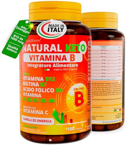 Vitamina B Complex con 8 vitamine B|Vitamine gruppo b max dosaggi|Complesso vitamina b con vitamina b6, b1, b3, b5, b9 Biotina, Acido folico, vitamina b12 1000ug e Vitamina C|MADE IN ITALY