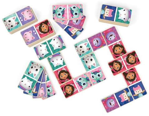 Gabby's Dollhouse Wooden Dominoes - Fun Matching Game for Kids - Illustrated with Kitty Characters - Durable Wooden Pieces in a Handy Portable Tub