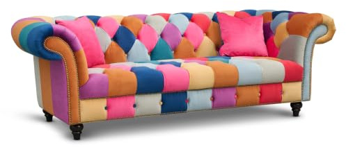 Velvet Patchwork Fabric 3 Seater Chesterfield Sofa Loveseat, Classic Couch Scroll Arms Buttoned Back, Bold Accent Velvet Settee, 3 and 2 Seater Sofa Sets Available, Living Room Furniture
