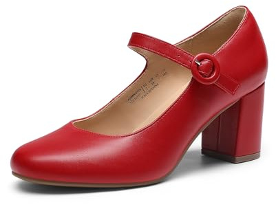 DREAM PAIRS Mary Jane - Scarpe da donna con tacco grosso, 7 cm, punta rotonda, vintage, per ufficio, lavoro, comode, con tacco basso, Rosso, 39 EU