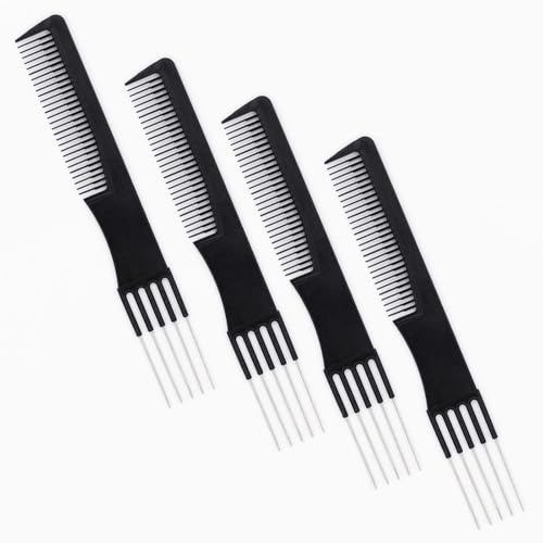 Hair Comb for Women & Men - ShiningUU 4 Pack Black Carbon Lift Teasing Combs with Metal Prong | Anti-Static Styling Comb | Professional Lift Teasing Combs for Voluminous Backcombing (Black)​