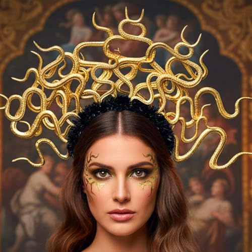 Unicra Fascia per capelli dorata con serpente Medusa, copricapo per Halloween, per donne
