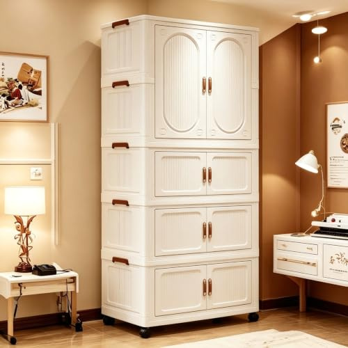 Portable Wardrobe, 4-Tier Foldable Closet Storage Organizer with Wheels | Magnetic Doors Collapsible Plastic Cabinet for Clothes Toys Easy Assembly for Bedroom Living Room
