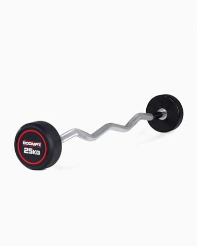 BOOMFIT Barra Z de Peso Fijo 10–25 kg | Acero cromado con extremos de goma | Aumenta masa muscular y fuerza | Reduce ruido y protege el suelo | Para entrenar en casa o gym (25.0, Kilogramos)