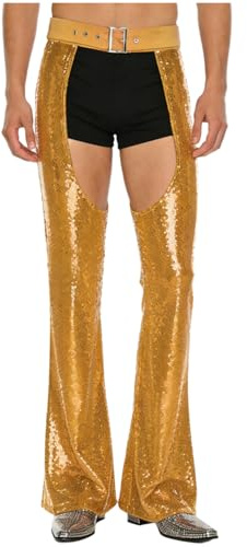 dPois Men Sequin Open Leg Bell Bottom Pants Jodhpurs Trendy Party Trousers for Masquerade Club Party Gold X-Large