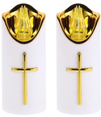 NIYANGLE 2pcs White Cross Church Prayer LED Flameless Candles for Cemetery Memorial Lights, Catholic Grave Lights for Devotion and Prayer, Religious Graveyard Candle Lamps