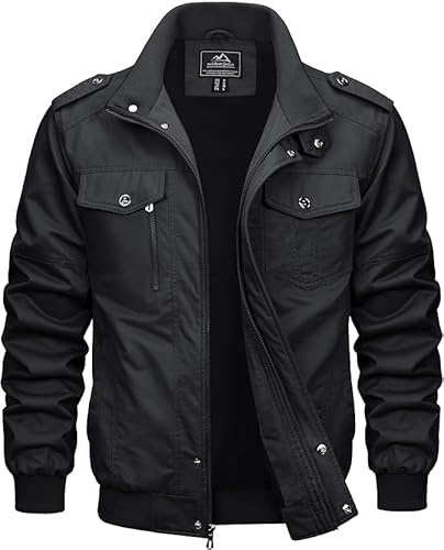 MAGCOMSEN Chaqueta de entretiempo para hombre Cargo para exterior, cortavientos, chaqueta de primavera militar, chaqueta de aviador de algodón, cuello alto, chaqueta de trabajo con múltiples bolsillos