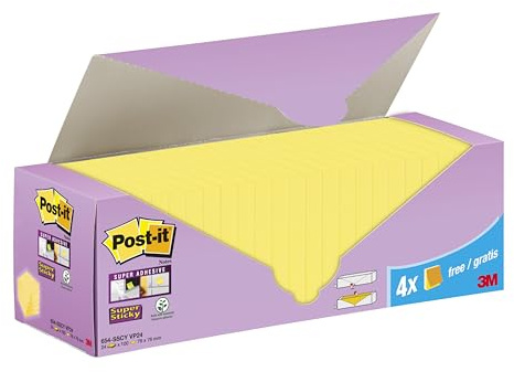 Post-it Super Sticky Notes, Canary Yellow, Promo Pack 20 + 4 Free Pads, 76 mm x 76 mm, 90 Sheets/Pad - Self-Sticking Notes for Walls, Monitors and Fridge