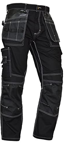 Men's Construction Pants with Cordura Knees Reinforced Carpenter Work Pants Tactical Workwear Cargo Safety Trousers#2 Black 40-32