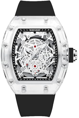 KIMSDUN - Orologi da polso sportivi scheletrati eleganti, impermeabili, analogici al quarzo con data e calendario, cassa tonneau trasparente, orologio casual, cinturino in silicone per uomo e donna