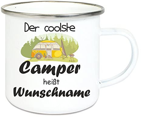 Emaille Tasse - Der Coolste Camper heißt (Wunschname) - Kaffeetasse mit Motiv, Campingtasse, bedruckte Emailletasse mit Wunschtext, Tasse personalisiert