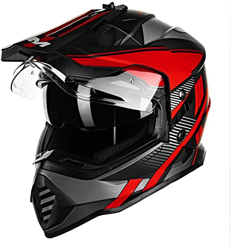 ILM Casque Moto Cross Homme Femme Offroad ECE Homologué VTT avec Double Visière DH Enduro Quad Motocross WS902, Rouge Noir