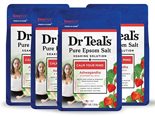 Dr Teal's Pure Epsom Salt, Ashwagandha & Essential Oils, 3 lbs (Pack of 4)