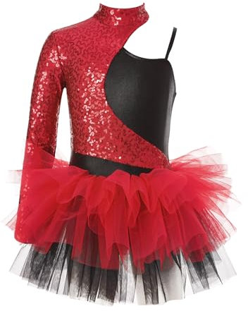 FEESHOW Girls' Ballet Tutu Dress Glitter Sequins Dance Leotard for Ballerina Outfit Gymnastics Bodysuit Dancewear Red 5-6 Years