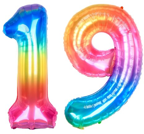 Ponmoo 40 inches Foil Balloons Numbers 19/91 Neon Rainbow (101cm), Inflatable Helium or Air, Giant Balloon Number 0-9, 10-29, 30-100, Grand Balloons for Anniversary Wedding Birthday Party Decoration