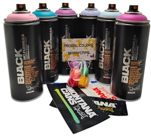 PROGAL COLORS Montana - Juego de 6 botes de spray de 400 ml + 6 boquillas de repuesto de diferentes tamaños, colores pastel versión para decoración y graffiti