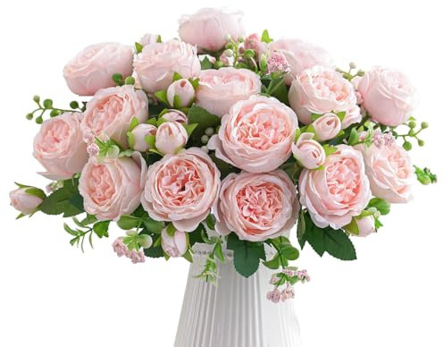 AUMAYCO 4 Bunches Peony Artificial Flowers, Light Pink Faux Peonies Flower Bouquet Decoration, Silk Flowers Bride Bouquet Fake Roses Flower Arrangement for Home Wedding Vase Party (Light Pink)