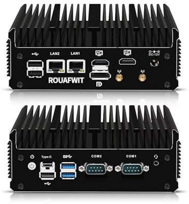 ROUAFWIT Mini PC Industrial Fanless 12th Gen N100, Micro Ordenador Sobremesa Oficina Computer, Dual i226V 2.5GbE LAN, 2 COM, WiFi/BT, 3 Mostrar, Barebone, NO RAM NO Storage