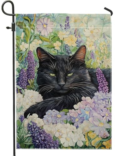Bandiera da giardino floreale con gatto primaverile e estivo, viola lilla e fiori bianchi, decorazione per la casa all'aperto, bandiera da cortile su entrambi i lati per la decorazione del prato 30,5