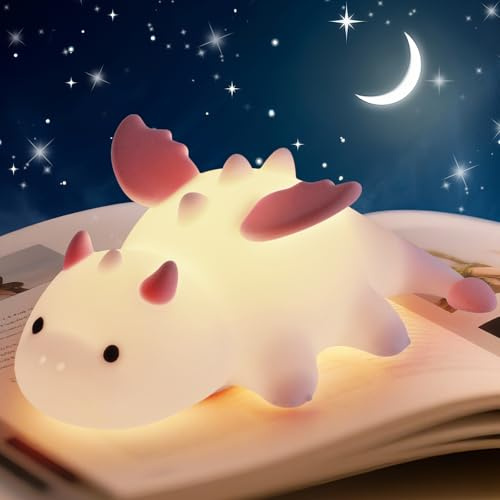 Milch-Drache Nachtlicht Kinder Nachtlampe-Dimmbar Silikon Baby Nachtlicht mit Magnetfunktion, USB Akku Move Animals Lampe für Kinderzimmer Mädchen, Touch Lampe Nachttisch Geschenke für Kinder (Rosa)