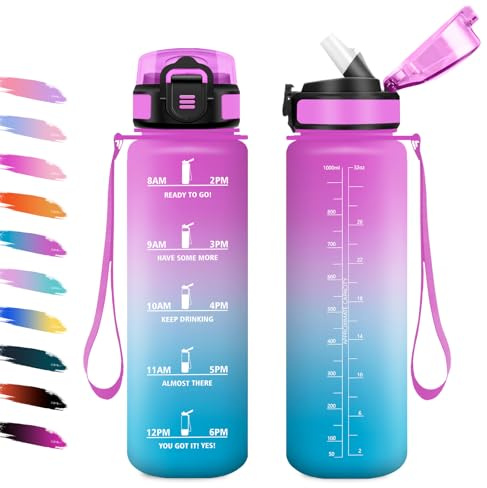 Borraccia 1L, Bottiglia Sportiva con Cannuccia, a Prova di Perdite, Bottiglia Acqua Sportiva con Indicatore del Tempo, Motivazionale Borraccia per Yoga, Escursionismo, Campeggio, Ciclismo, Lavoro