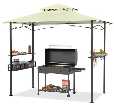 XMTECH Grillpaviljong 2,45 x 1,53 m med dubbelt lagertak, festtält, grilltält, trädgårdspaviljong, pergola med sidohyllor och förvaringskorgar, regnskydd, UV-resistent, för fest BBQ, beige