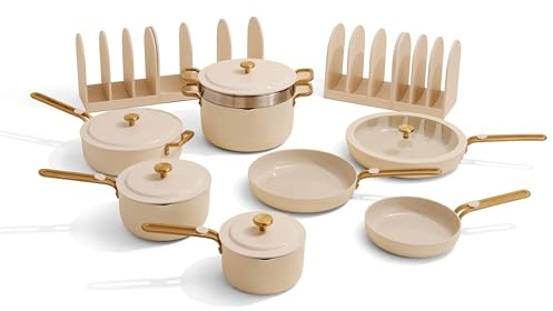 Our Place 17-Piece Essentials Complete Cookware Set - Ceramic Fry Pans, Saucepans, Sauté Pan, Stock Pot, Strainer Basket & Modular Storage | Thermakind™ Nonstick, Oven Safe up to 230°C | Cream