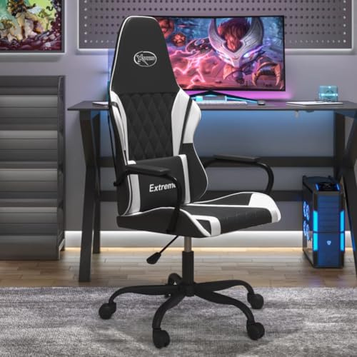 Drillkyn Silla de juegos con función de masaje en color blanco y negro de piel sintética, altura regulable, giratoria con ruedas, ergonómica para oficina, estudio, jugador y deportes electrónicos