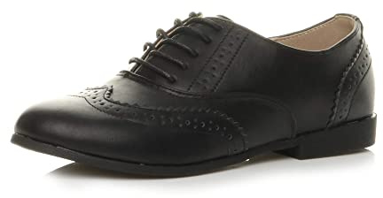 AJVANI Womens Ladies Flat Low Heel lace up smart Vintage Oxford Shoes Brogues Size