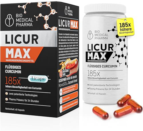 Kurkuma Kapseln hochdosiert – 185x Höhere Bioverfügbarkeit – Hochdosiertes Mizellen Curcumin – 1 Vegane Kapsel täglich – Entspricht 6.600 mg Kurkuma Pulver – Licur Max (2 Monatspackung)