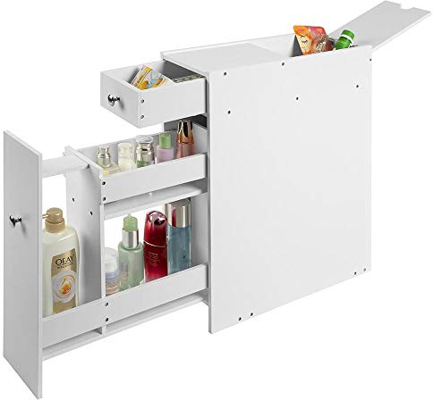 BAKAJI Mobiletto a Colonna Salvaspazio per Bagno Mobile Cassettiera in Legno MDF Bianco con 2 Cassetti 3 Scomparti e Scomparto a Scomparsa Dimensione 48 x 16 x 58 cm