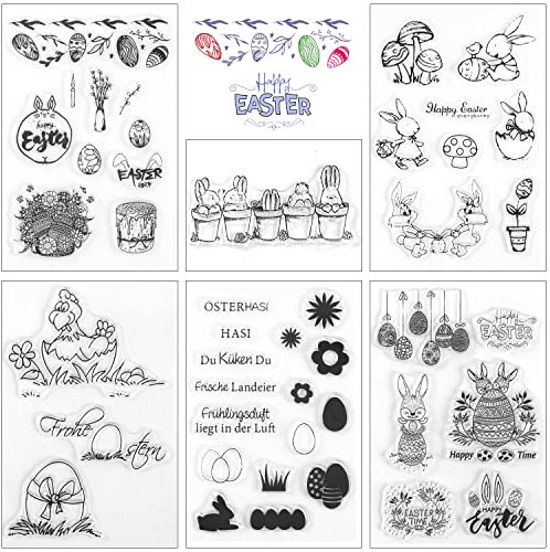 Silikonstempel Ostern Set, 6 Blätter Clear Stamp Ostern, Silikon Stempel OsterHasen Ostereier Silikonstempel Frühling Clear Stempel Set für DIY Bullet Journal Scrapbooking Fotoalbum