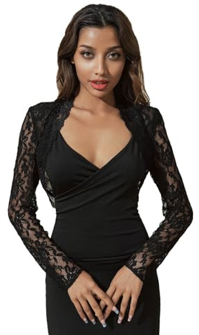Unicra Women Lace Bolero Shrug for Dresses Elegant Floral Lace Shrug Top Open Front Sheer Long Sleeve Cropped Cardigan (L (12-14), Black)