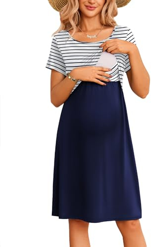 Ekouaer Maternity Nursing Dress for Women Short Sleeve Patchwork Breastfeeding Dress Summer Pregnancy Knee Length Dress