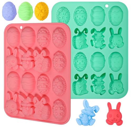 Kamehame Silikonform Ostern 2 Stück 16 Löchern Silikon Pralinenform Ostern Backform Osterhase Schokoladenform Osterei Ei Hase Kaninchenkopf Korb Form für Schokolade Süßigkeiten