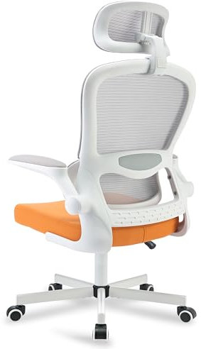 Blisswood Ergonomic Executive Computer Desk Chair - 360° Swivel & Tilt - 130° Recliner Office Chair with Adjustable Headrest - Flip-Up Armrest & Lumbar Support - Breathable Mesh Back (Orange & Grey)