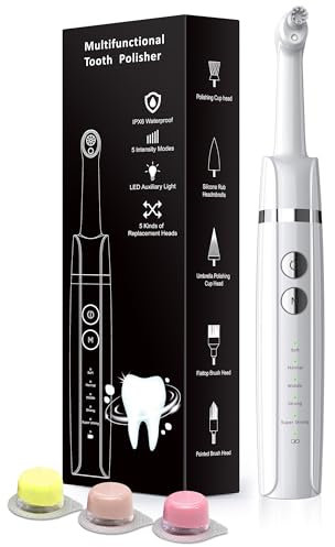 Tooth Polisher, Trueocity Teeth whitening kit with 5 Modes for Plaque Stain Removal Yellow Teeth, Teeth Polisher Stain Remover with 5 Heads & 3 polishing Paste, Rechargeable