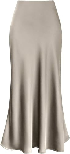 FZKun Jupe Longue En Satin Pour Femmes - Jupe D'été Fluide Et élégante En Couleur Unie Taille Haute élastique Coupe A Jupe Sirène Modeste Jupes De Travail Classiques (XXL,Champagne)