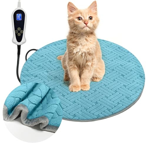 RC SLL Cat Heating Pad with Smart Thermostat Switch and Chew Resistant Cord, Upgraded Adjustable Controller, Temperature and Timer Adjustable, Round-16 inches Soft Cloth Heated Cat Bed for Dogs & Cats