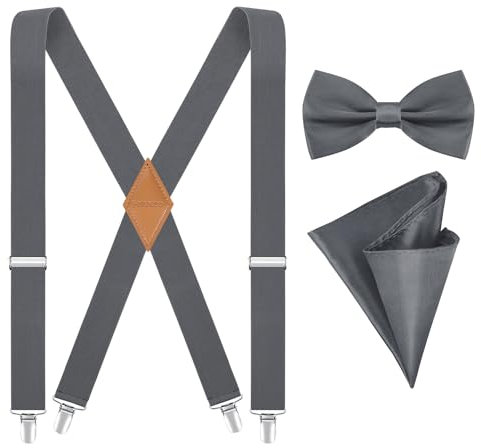 Fevaeno Hosenträger für Herren Breit 3.5cm mit Metal Clips Einstellbar und Elastisch Einheitsgröß Hosenträger Fliege Einsteckuch Set X-Grau