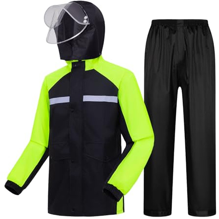 LY4U Chaquetas Impermeables para Hombre, Traje de lluvia Ligero con Capucha, Traje Impermeable de Moto, Chaqueta y Pantalones Impermeables para Pesca, Senderismo, Ciclismo, Verde M