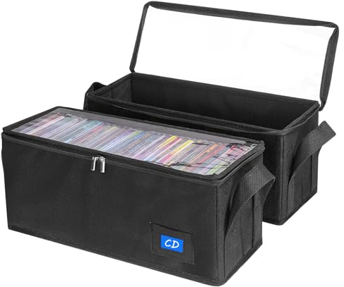 BOATISLE CD Case Holder with Handles and Clear Lid, 2-Pack Black CD Storage Box with Label Slots, Portable Organizer for Media Collection