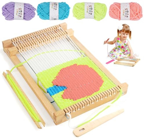 Webrahmen Aus Holz 19x29 cm, DIY Holz Webrahmen Set, Weben für Kinder Set, Webstuhl Handarbeits, Webbrett Groß für kinder, Weaving Loom Kit mit Nadel, Kamm, Farbige Wolle, Idea für Anfänger, Kinder